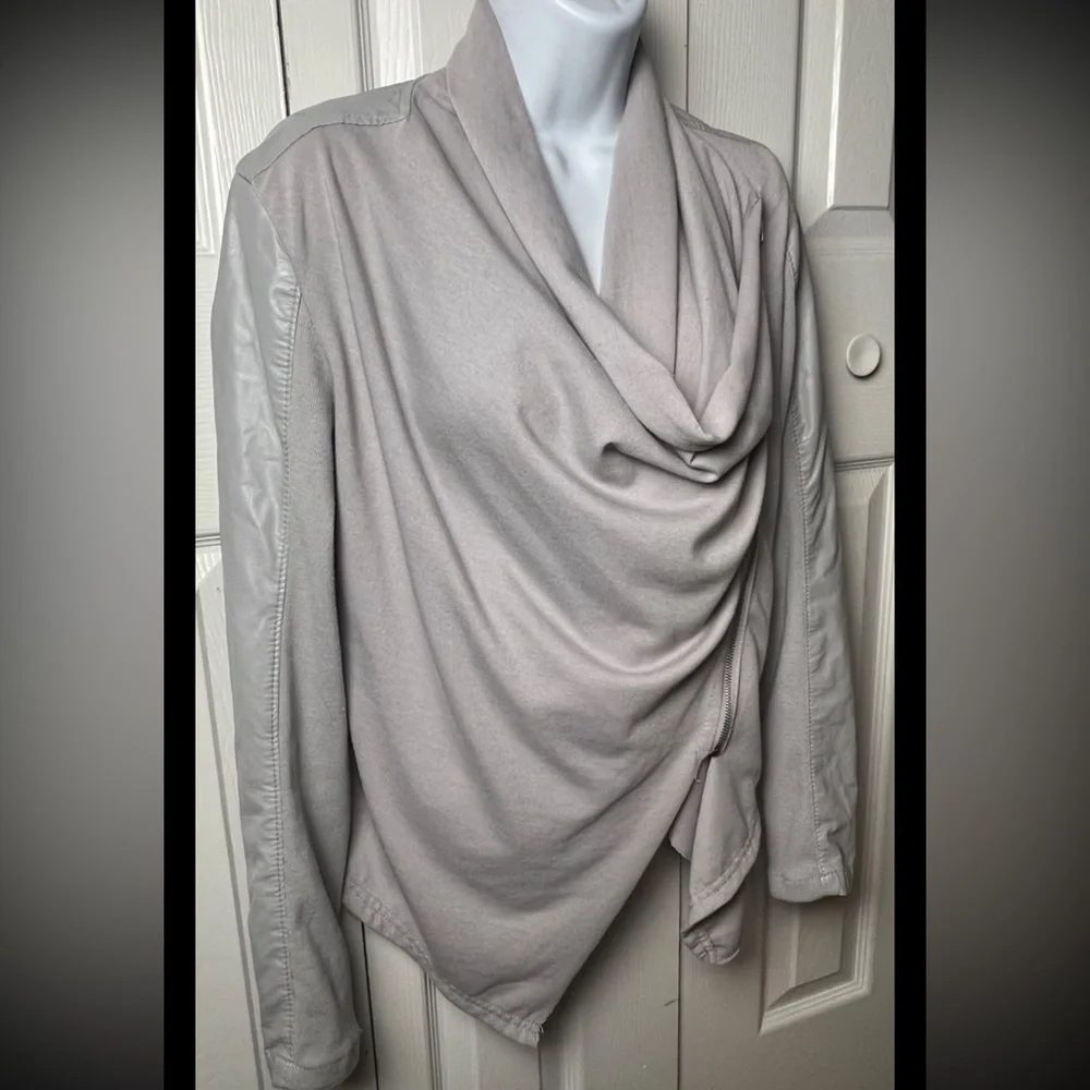 BL^NK NYC Gray Jacket Faux Leather Vegan Knit Moto Asymmetrical Zip Drapey